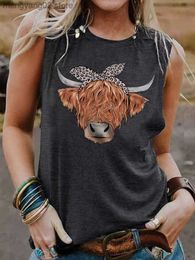 Women's Tanks Camis Cute Highland Cattle Tank Top Women's Casual Loose Crew Neck Sleeveless Shirt Summer Vintage Graphic Tee Western Fashion 2023 T230517