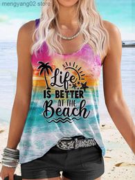 Women's Tanks Camis Women Vacation Tank Top Funny Life Is Better At The Beach Coconut Tree Racerback Tanks Gradient Colorful Sunshine Vest Shirt T230517