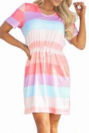 multicolor Striped Drawstring V Neck T Shirt Dress T2zF#