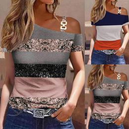 Women's Blouses Fashion Sequin Off Shoulder Women's Blouse Summer Sexy Short Sleeved Metal Button Printed Tee Shirt Elegant Female Party