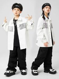 Stage Wear White Leather Loose Jacket Children Fashion Clothes Hip Hop Dance Costume Boys Girls Street Clothing Concert Outfit BL9542