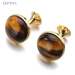 Low-key Luxury Tiger-eye Stone Cufflinks for Mens Lepton High Quality Round Tigereye Stone Cuff links Relojes gemelos Best Gift