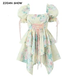 Casual Dresses Party Sweet Princess Cross Rope Bow Front Flower Print Irregular Ball Gown Dress Women Puff Sleeve Swing Mini Fairy Cake Robe 230517