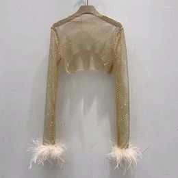 Women's T Shirts Sequins T-shirts For Women's Rhinestone Feathers Long Sleeve Shiny Bright Diamond Mesh Tulle Cropped Tops 2023 Summer