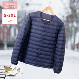 Men's Down Men Winter Short O-Neck White Duck Jacket Male Ultral Light V-Neck Soft Coat Windproof Warm Liner With Covered Button