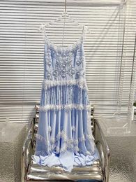 Casual Dresses 2023 Women Fashion Sleeveless Crew Neck French Blue Beaded Suspender Dress 0426