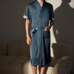 Men's Sleepwear Men Satin Bathrobe With Belt Adults Contrast Colour Short Sleeve V-neck Night Robe Pockets