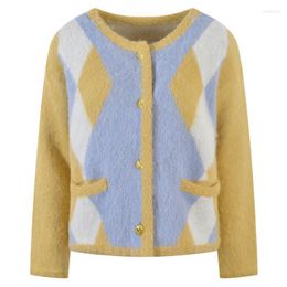 Women's Knits Sweet Yellow Diamond Mohair Wool Loose Casual Short Knitted Sweater 2023 Autumn O-Neck Cardigan Women's Clothing