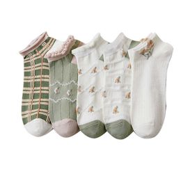 Socks Hosiery 2023 Fashion Green Socks Women Thin Breathabe Low Cut Ankle Socks Harajuku Flower Sweet Japanese Girls Cute Short Socks P230517