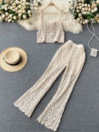 Women's Two Piece Pants Women Summer Sexy Sleeveless Hollow Out Knitted Short Strap Tops Long Flare Pants Two Piece Suits Boho Beach Clothing 230516