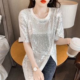 Women's T-Shirt Summer Black White Sequins T Shirt Women Sexy Clubwear Irregular T Shirt Female Short Sleeves Shinny T-shirt Female Loose 230516