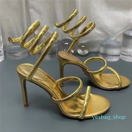 Goldene Sandalen, mit Strasssteinen verziert, Metallischer Cortex, Schlangen-Stiletto-Absatz-Sandalen, Abendschuhe, umlaufender Schuhkarton