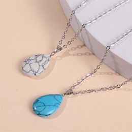Pendant Necklaces Trendy Ladies Water Drop Shape White Green Natural Cracked Stone Pendants For Women Silver Color Metal Chain Necklace
