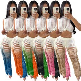 Changing Colour Tassel Knitted Two Piece Set Women Sexy Hollow Out Sleeveless Crop Top And Pants Summer Beach Suits