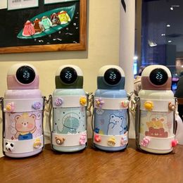 Water Bottles 400ml Smart Thermal Bottle Cartoon Pattern Double Layer Children Temperature Display Drinking Straw Cup For