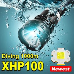 Flashlights Torches Diving 1000m XHP100 Professional Diving Flashlight Single Mode IPX8 Waterproof Light 18650 Rechargeable Torch Underwater Lantern P230517