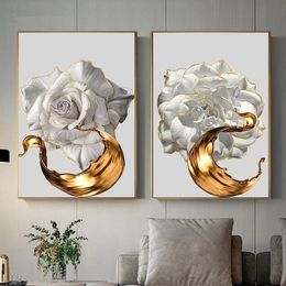 Decorative Objects White Rose Flower Golden Ink Splash Abstract Poster Nordic Art Canvas Painting Modern Interior Decoration PaintingNo Frame 230516