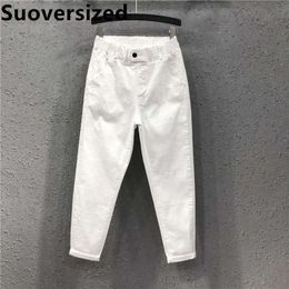 Jeans Spring Fall Women's Anklelength Harem Jeans Elastic Waist White Denim Basic Pants Baggy Casual Fashion Straight Trousers