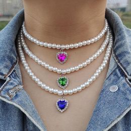 Pendant Necklaces ZX Vintage Handmade Simulated Pearl Beaded Chain Chokers For Women Bling Colorful Rhinestone Heart Necklace Girl Jewelry