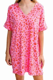 pink Leopard Print V Neck Shift T-shirt Dress 666U#