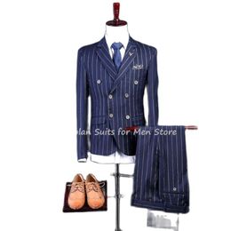 Men's Suits & Blazers 3Pcs Navy Blue Stripe Jacket Pants Vest Notch Lapel Blazer Trousers Groomsmen Tuxedo Man Wedding Coat Waistcoat