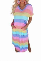 multicolor Striped Side Split Pockets V Neck T Shirt Midi Dress B3Cl#