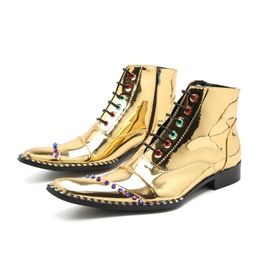 Japanese Type Rock Men's Boots Lace-up Personality Gold Ankle Boots Men Flat Heels Party and Wedding Boots for Men