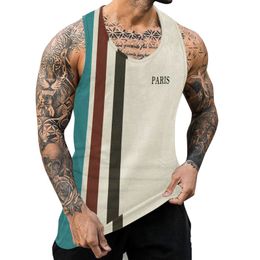 Men's Tank Tops Male Striped Print Vest Summer Casual Round Neck Sleeveless Shirt Men Fitness Singlet Sportswear Workout top 230517