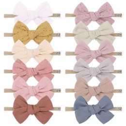 Solid Lace Embroidered Bow Baby Headband Girls Cotton Bow Nylon Headbands Girls Handmade Bow Nylon Turban Kids Hairpins