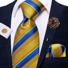 Bow Ties Striped Blue Yellow Neck For Men Luxury 8.5cm Wide Silk Wedding Tie Pocket Square Cufflinks Set Brooch Gifts Hi-Tie