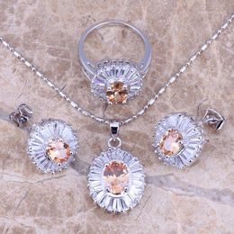 Necklace Earrings Set Champagne Morganite White CZ Silver Plated Pendant Ring Size 5 / 6 7 8 9 10 S0116