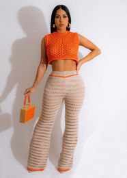 Women's Two Piece Pants MUDAN Knit Ribbed Crochet Hole Beach Women's Set Tank Top And Wide Leg 2023 Summer 2 Outfits Tracksuit