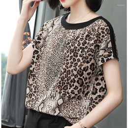 Women's T Shirts Elegant Korean Style 2023 Summer Women Vintage Casual Leopard Print Short Sleeve Loose O Neck Shirt Clothes Tops D64