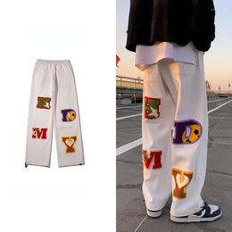 Men's Jeans Letter Embroidery Straight Pants Tide Brand Hip-hop Y2k High Street Wide-leg Sportswear Casual Couple Retro Fashion Loose