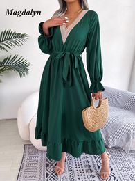 Casual Dresses Magdalyn Boho Women Tunic Summer Sundress V Neck Sashes A Line Long Flare Sleeves Lace Patchwork Solid Ruffle Chiffon Dress