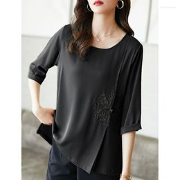 Women's Blouses 2023 Summer Chinese Style Embroidered Solid Color O-neck Short Sleeve Blouse Women Clothes Elegant Buttons Chiffon Top Tee