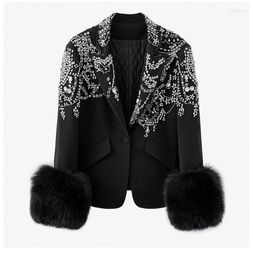 Women's Suits Spring And Autumn Long Sleeve Suit Collar Heavy Craft Diamond Embellishment Black Plush Cuffs Slim Fit Show Thin Coat Women