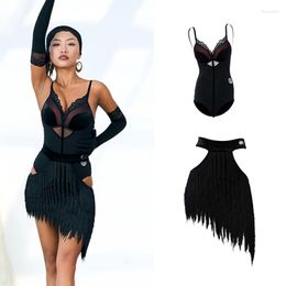 Stage Wear Latin Dance Costumes For Women Sexy Lace Bodysuit Tassels Skirts Suit Chacha Samba Rumba Performance Dress DN15268