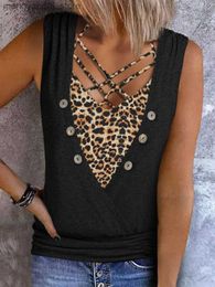 Women's Tanks Camis Women Criss-Cross Front Button Fake Two-Piece Design Tank Top Leopard Colour Block Summer Casual Sleeveless Shirt Tunic Blouse T230517