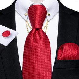 Bow Ties Classic Red Solid Men's 8cm Silk Tie Set Pocket Square Cufflinks Wedding Accessories Neck With Gold Collar Pin Chain