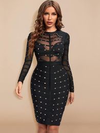 Dresses BEAUKEY Sexy Black Nail Beaded HL Bandage Dress Women Knee Length Mesh Rivets Bodycon See Through Long SLeeve Elastic Dress XL