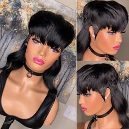 New 200Density Bob Human Hair Wig With Bangs Black Short Wavy Wig Full Lace Body Wave Pixie Cut Wigs For Women Brazilian Remy Hair