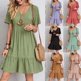 Casual Dresses Party Women Loose Vintage Fashion Ruffles Befree VNeck Solid High Waist Boho ALine Simple Elegant 230517