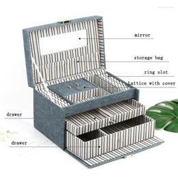 Jewelry Pouches 2023 3-layers Stripe Organizer PU Leather Stud Necklace Earrings Rings Display Holder Box Storage Women