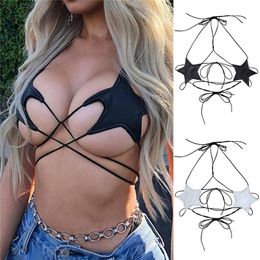 Womens TShirt CHRONSTYLE Sexy Summer Gothic Punk Leather Black Star Bra Bustier Tops Simple Hanging Neck Tank Casual Bras Top 230516