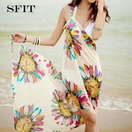 Cover-up Printed Coverups Sexy Beach Dress Women Halter Sling Chiffon Beach Towel Bikini Wrap Pareo Skirts OpenBack Swimwear 2022