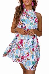 white Frill Mock Neck Sleeveless Tiered Floral Dress O1t0#