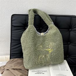 Evening Bags Women Soft Plush Tote Bag Simple Warm Cotton Fabric Shopper Reusable Embroidery Sheep Handbag Shoulder Girls Schoolbag