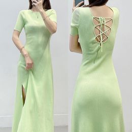 Casual Dresses New M-aje Green Open Back Lace Up Short Sleeve One Side Split Knit Dress