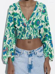 Women's Blouses Kumsvag 2023 Women Summer Shirts Tops Fashion Print V-Neck Elastic Waist Short Llax Female Sweet Street Clothing